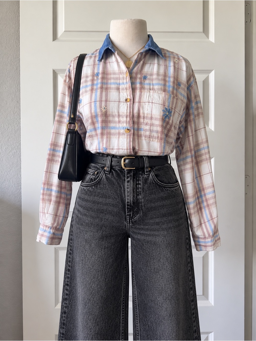 Vintage 90’s Jane Ashley Plaid Denim Collar Embroidered Cottagecore Grandmacore